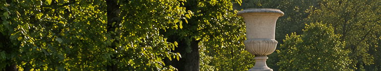 Sunlit foliage and a classical garden urn, illustrative artwork