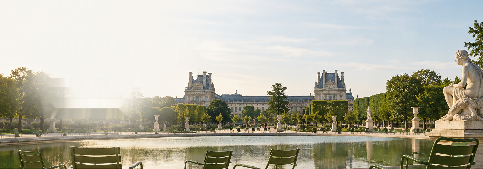 An illustrative view of a Parisian garden, with a reflective pool, green chairs and classical sculpture